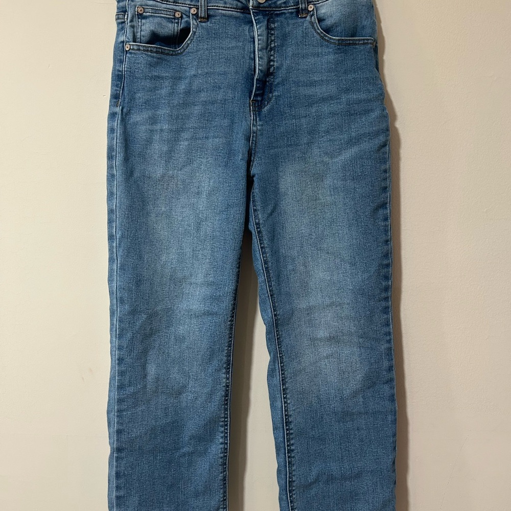 OAT New York cropped frayed hem high rise blue denim jeans